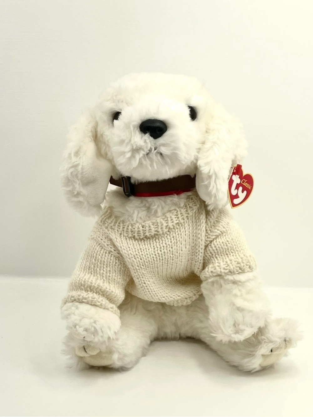 Fluff  Ty Classic Cream Plush Puppy in Knit Sweater - Soft Collectible Dog